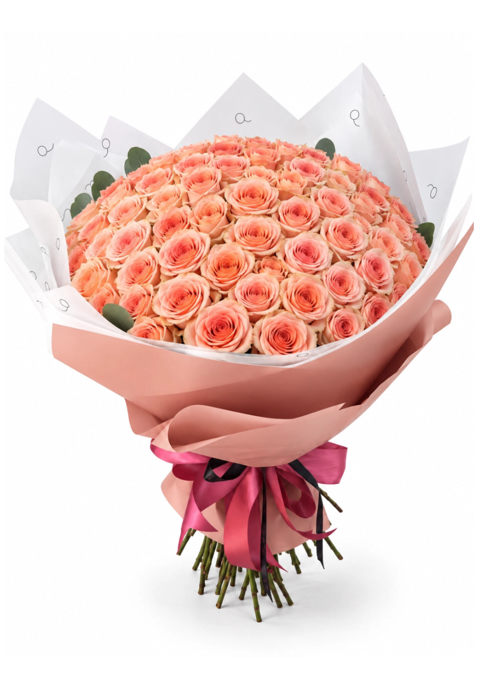 Bouquet da QRoses com 100 rosas em tons de pêssego, damasco, blush e creme, envolvido em papel rosa e branco com fita da marca.