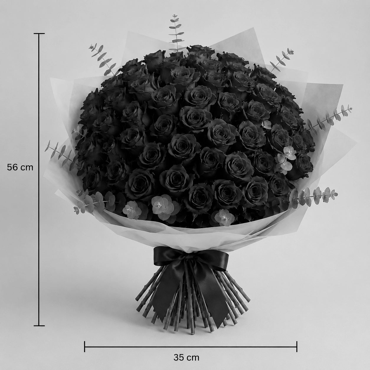 Premium bouquet of 50 long-stem roses with dimension markers showing 56 cm height and 35 cm diameter.