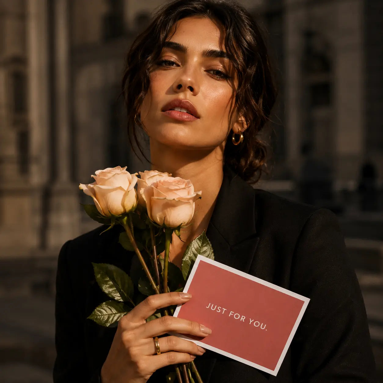 Mulher elegante segurando rosas pêssego premium QRoses e cartão, num retrato sofisticado com luz natural e estilo editorial de luxo.