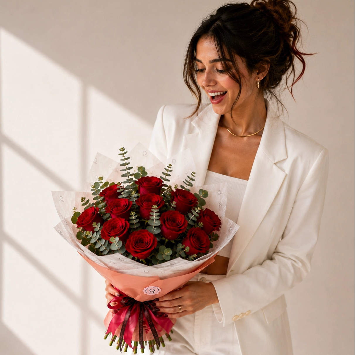 Buquê de rosas vermelhas premium com caules longos