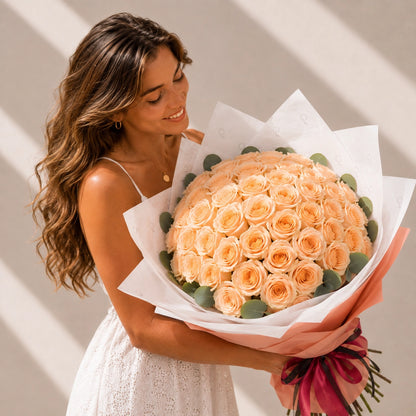 High-End Bouquet of 50 Peach Roses