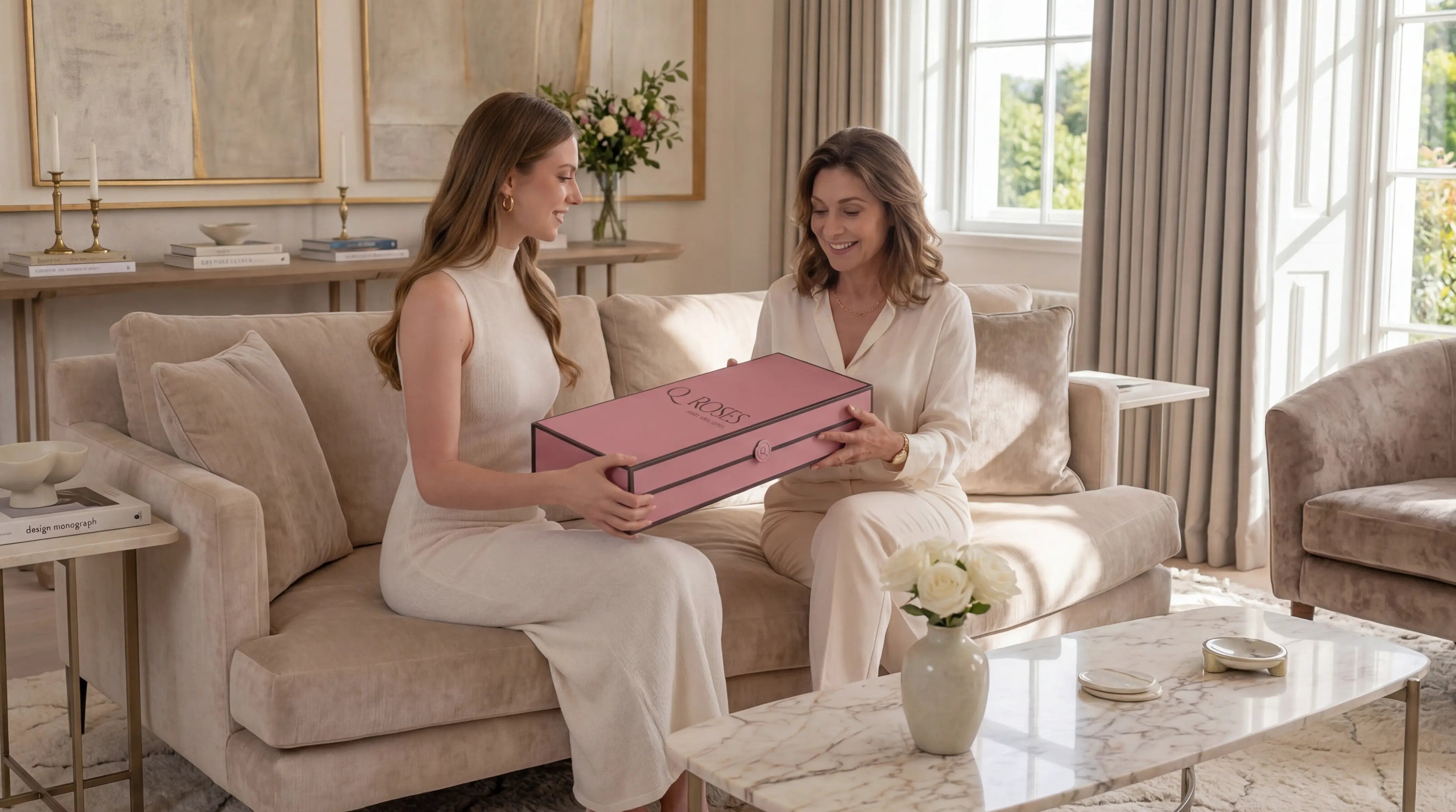 Mom receiving a QRoses box form her daughter on Mothers Day