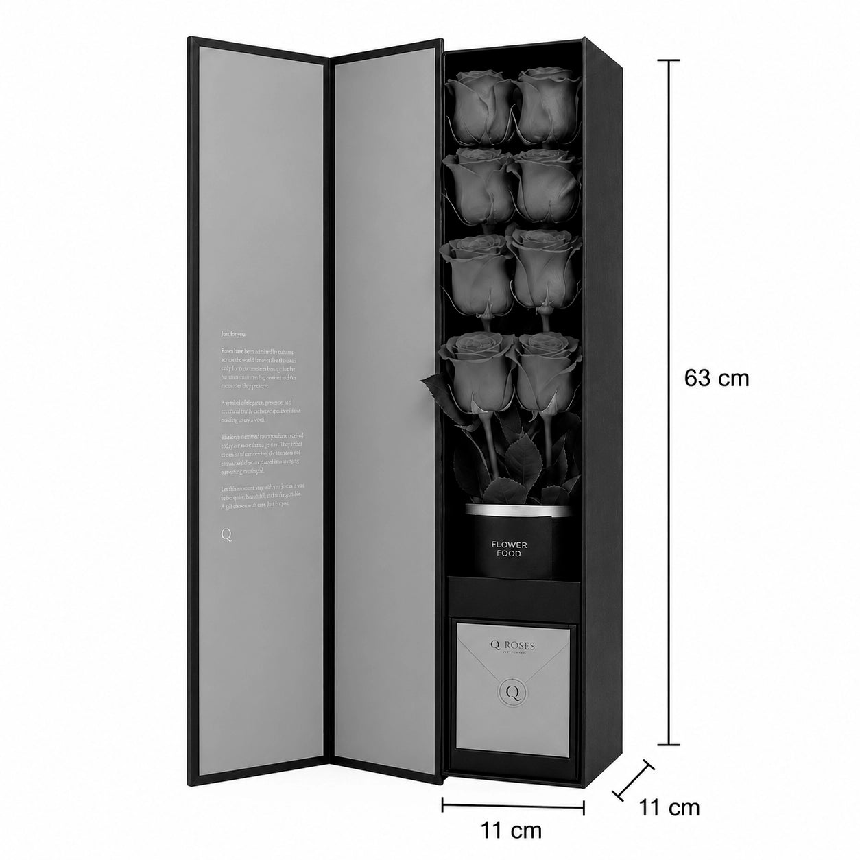 Open QRoses Flute rose box with dimension markers showing 63 cm height, 11 cm width and 11 cm depth, displaying the floral arrangement and presentation accessories.
