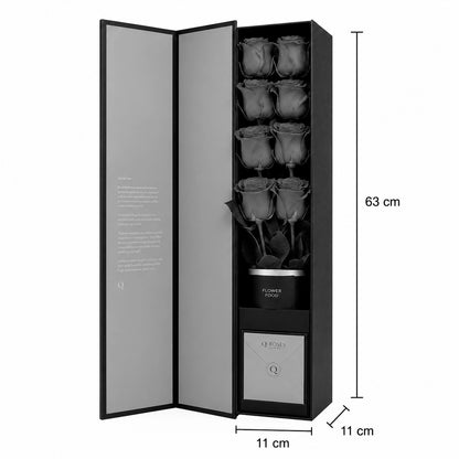 Open QRoses Flute rose box with dimension markers showing 63 cm height, 11 cm width and 11 cm depth, displaying the floral arrangement and presentation accessories.
