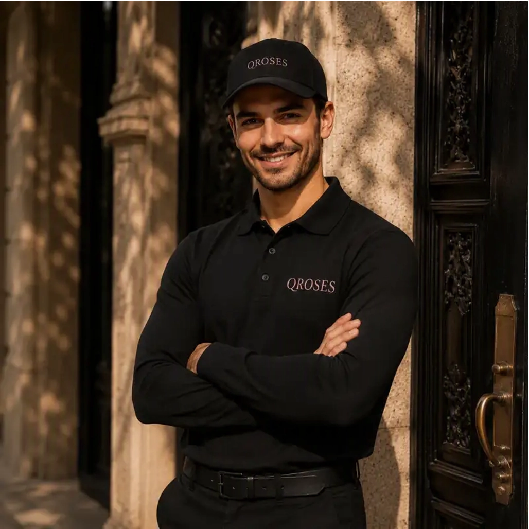 QRoses delivery professional standing at a customer’s entrance wearing the official QRoses uniform, ready to deliver a premium luxury rose arrangement with personalized flower delivery service in Portugal.