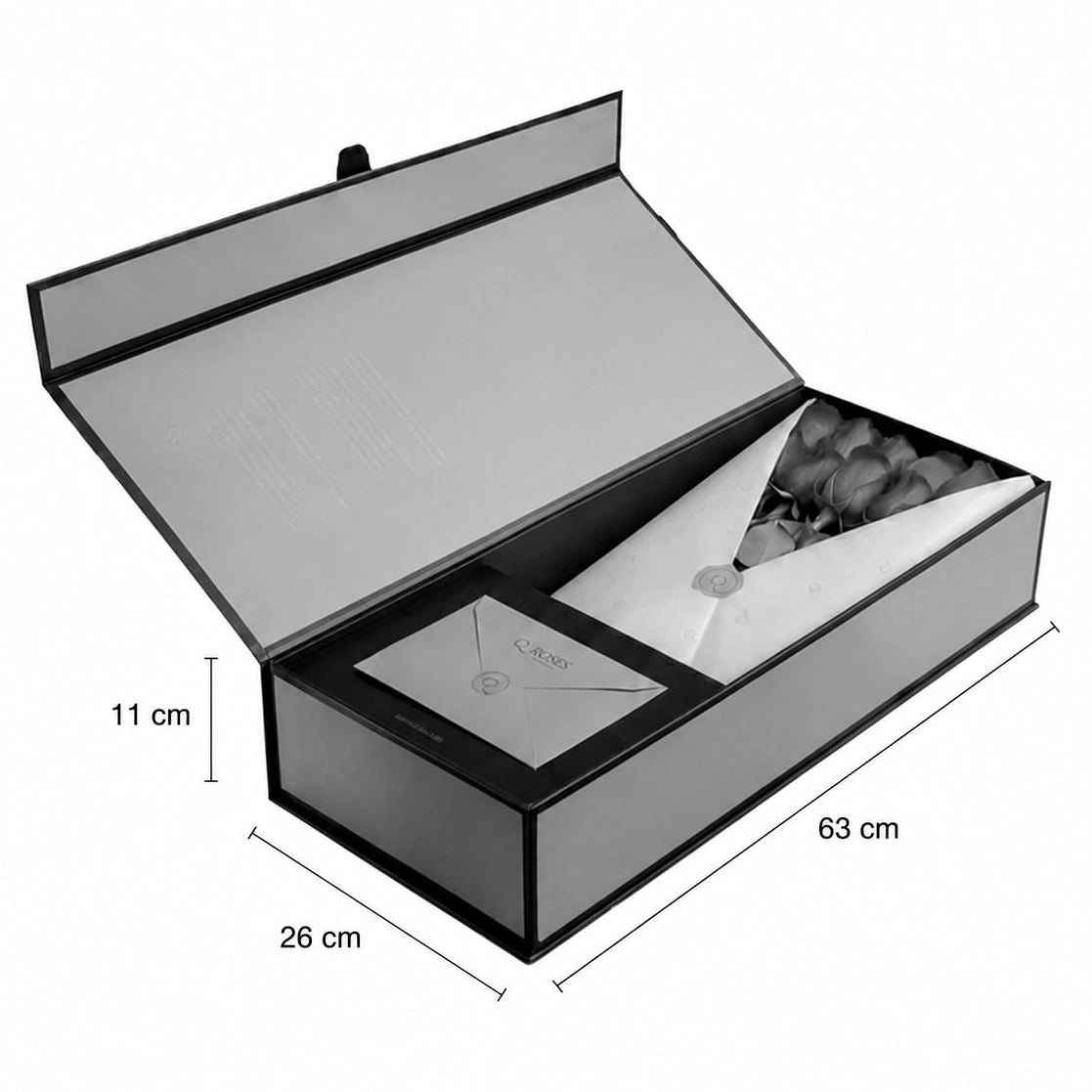 Open QRoses Signature rose box with dimension markers showing 63 cm length, 26 cm width and 11 cm height.
