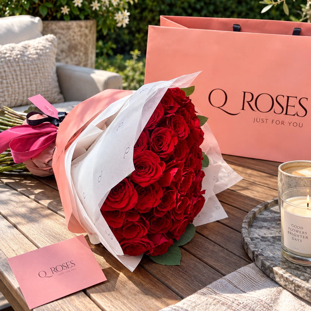 Ramo QRoses de 50 rosas vermelhas premium em ambiente exterior
