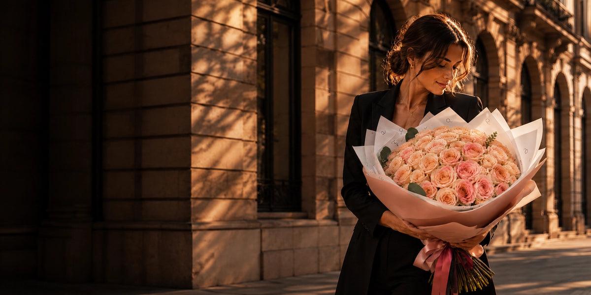 Mulher com ramo QRoses de rosas pêssego premium em cenário elegante ao pôr do sol