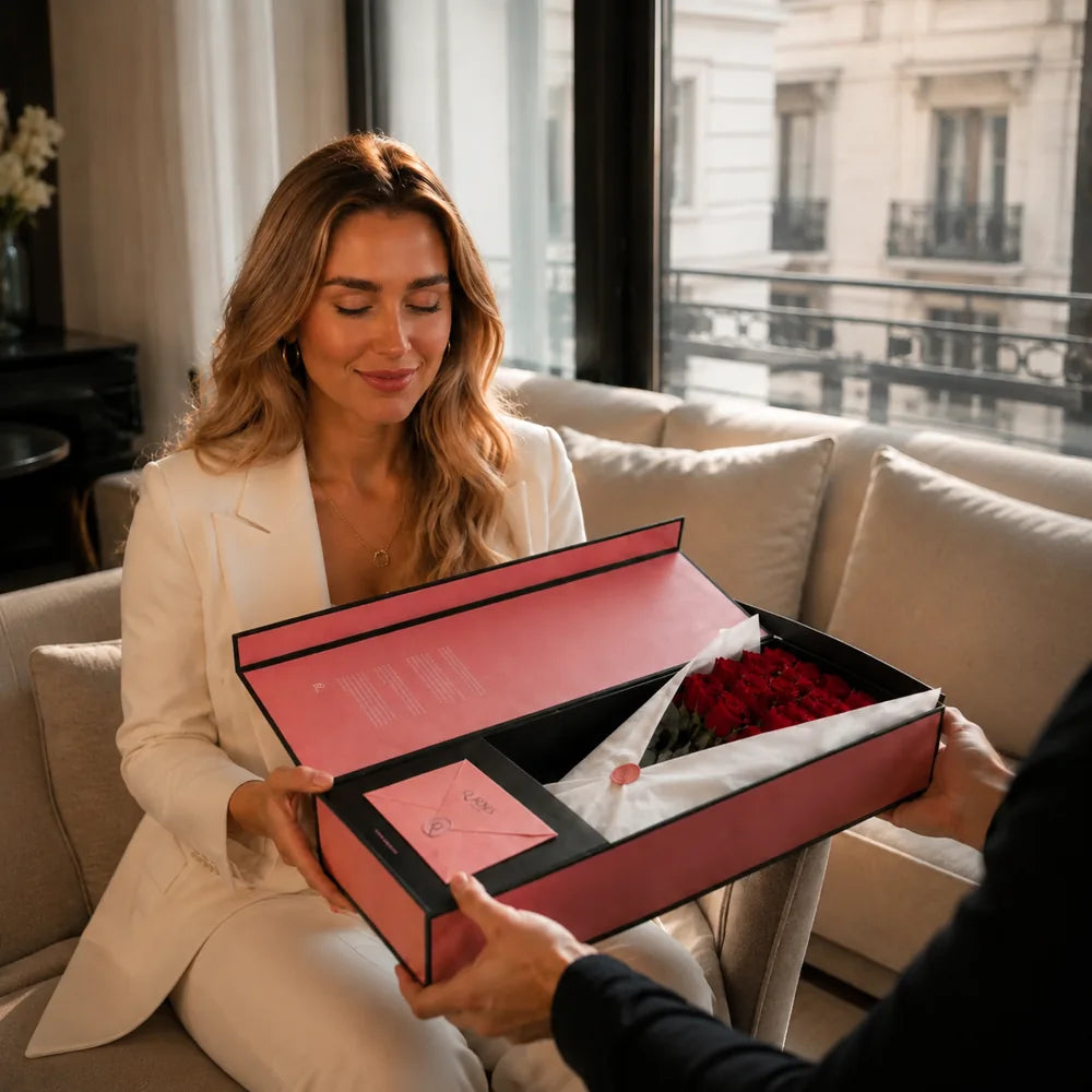 Mulher bonita com luxuosas rosas vermelhas