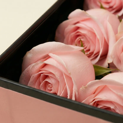 Close-up de rosas cor-de-rosa suaves no interior da Flute Box premium QRoses.