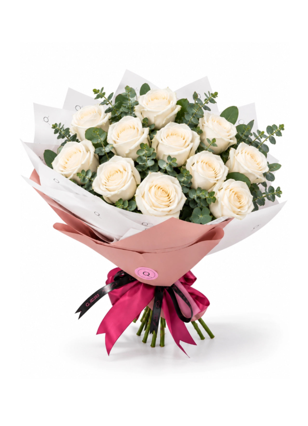 Bouquet de 12 rosas brancas naturais com eucalipto da QRoses