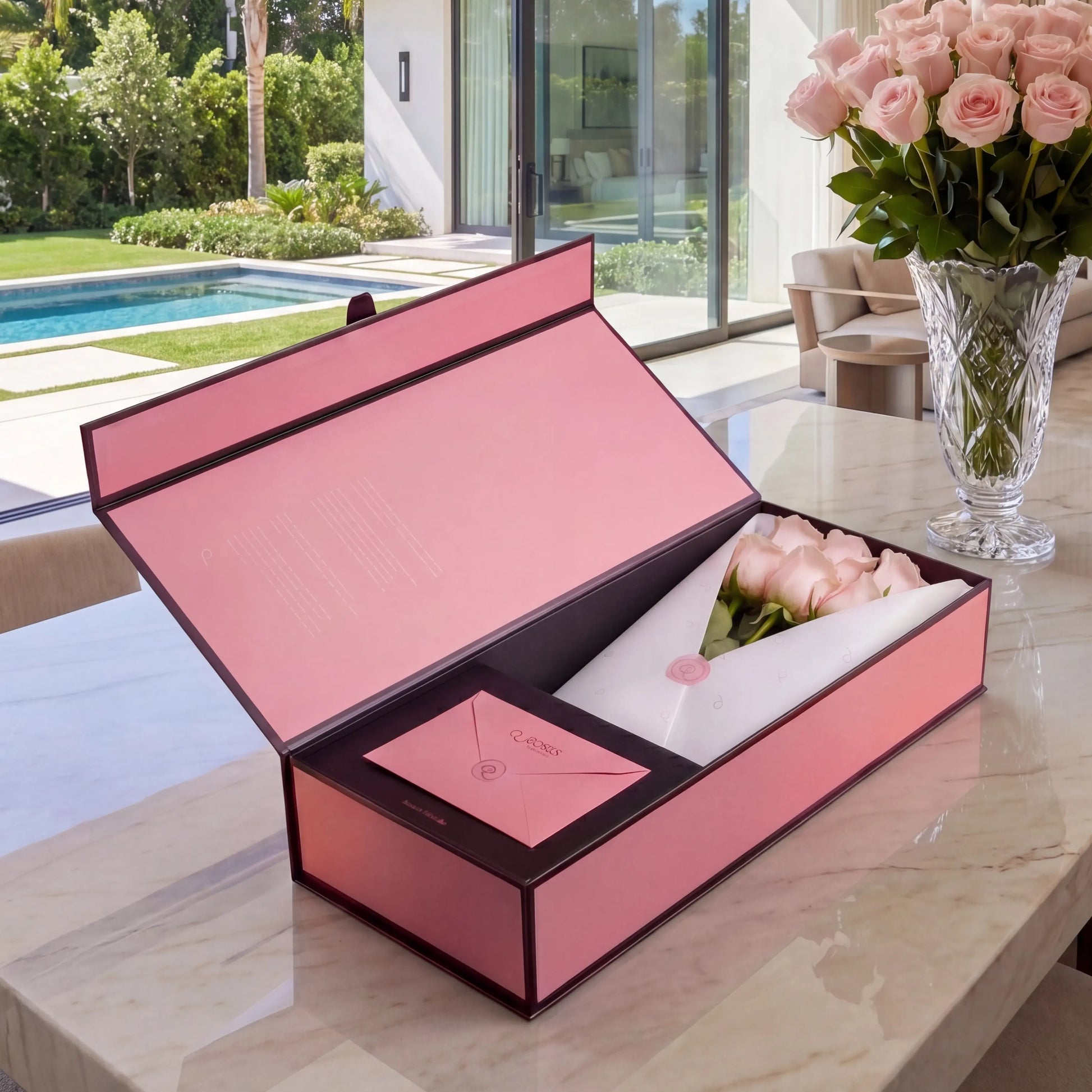 Caixa Signature Box QRoses com rosas cor-de-rosa premium, cartão QR e envelope elegante, apresentada sobre mesa de mármore num ambiente luminoso e sofisticado.