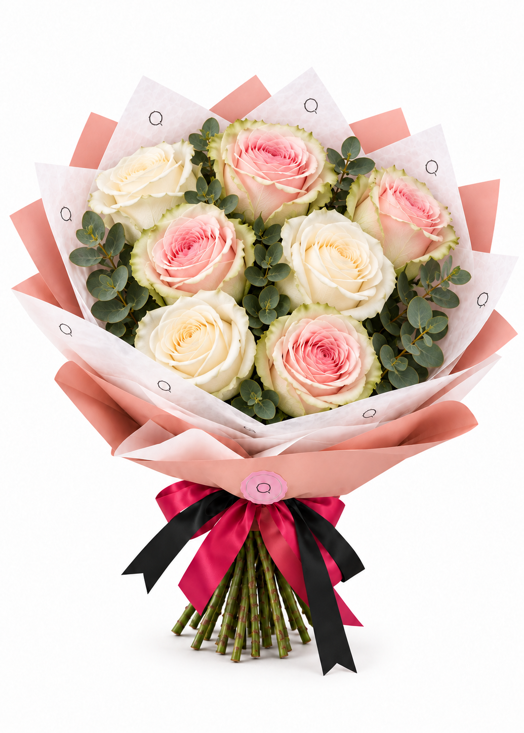 Ramo Essential com 4 rosas Frutetto cor-de-rosa e 3 rosas brancas