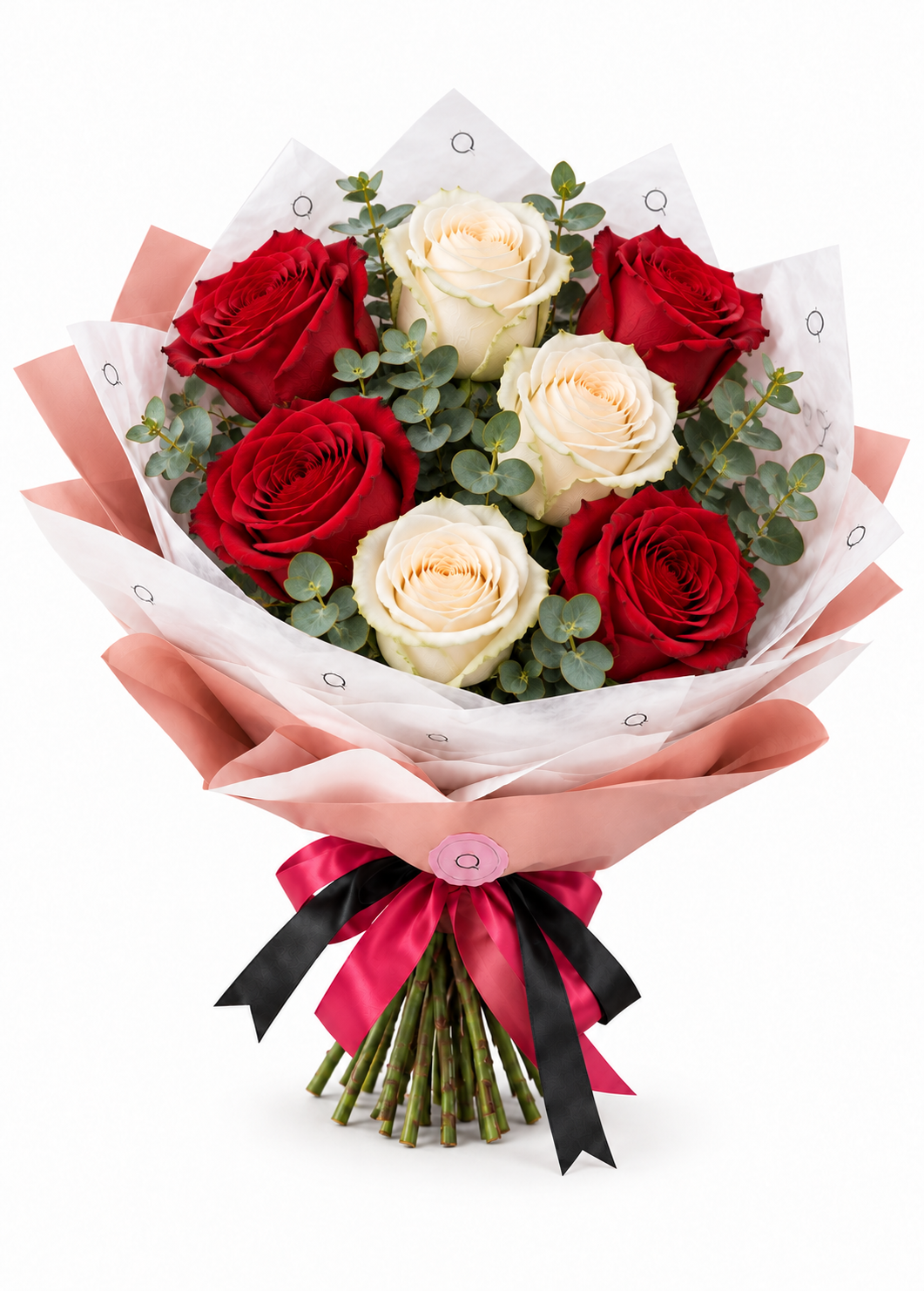 Ramo Essential com 4 rosas vermelhas e 3 rosas brancas