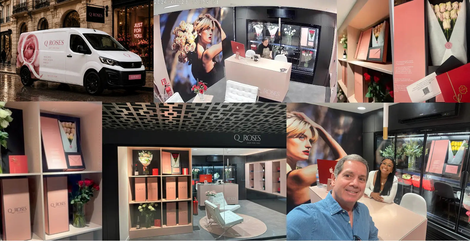 Colagem da trajetória da QRoses em Portugal com loja física, carrinha personalizada, embalagens premium e momentos da marca em Cascais