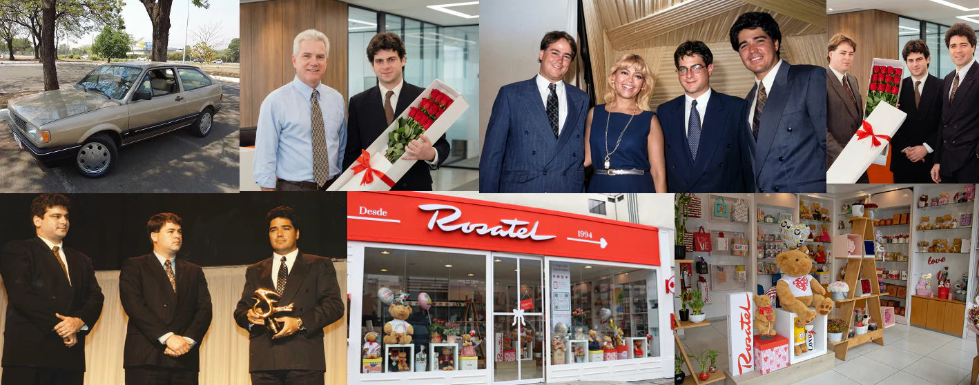 Colagem histórica da Rosatel com Rollin Thorne, Javier Pardo, Jorge Arteta, Donald Hoskins e momentos marcantes da origem da marca floral