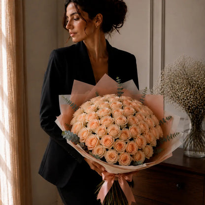 Modelo junto à janela segurando um ramo premium de rosas em tom pêssego claro, com papel elegante, eucalipto e laço rosa.