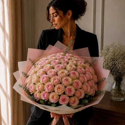 Modelo segurando um ramo premium de rosas rosadas com bordes esverdeados num interior elegante, com papel sofisticado, eucalipto e laço rosa.