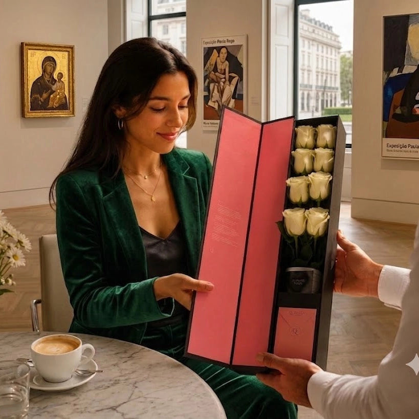 Elegant woman receiving a QROSES FLUTE gift box with eight premium white roses inside a sophisticated Lisbon café, showcasing a luxury floral gifting experience with natural emotion and refined presentation.