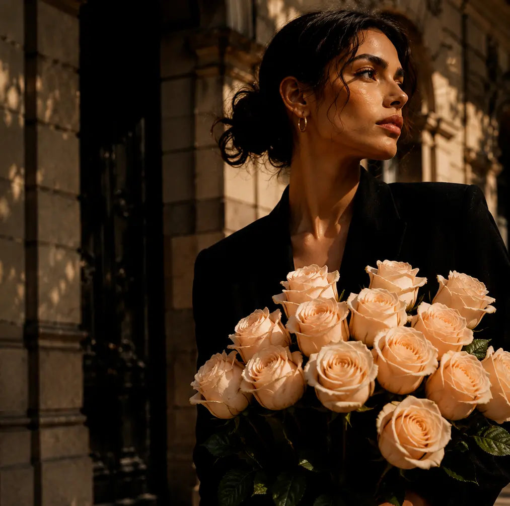 Mulher elegante segurando bouquet de rosas pêssego premium QRoses, num ambiente sofisticado com luz natural e estilo editorial de luxo.