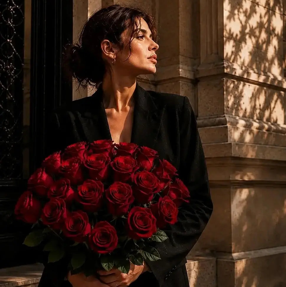 Mulher elegante segurando bouquet de rosas vermelhas premium QRoses, num ambiente sofisticado com luz natural e estilo editorial de luxo.