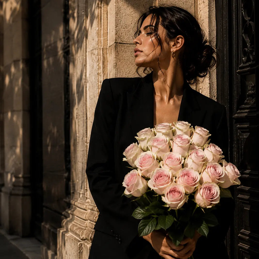Mulher elegante segurando bouquet de rosas cor-de-rosa premium QRoses, num ambiente sofisticado com luz natural e estilo editorial de luxo.