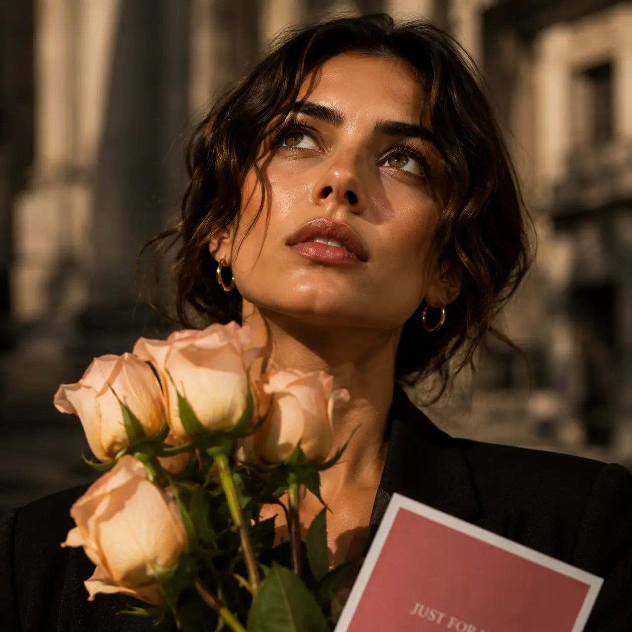 Mulher elegante com rosas pêssego premium QRoses e cartão, num retrato sofisticado com luz natural e estilo editorial de luxo.