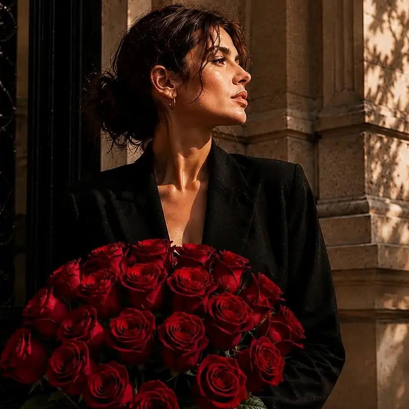 Mulher elegante com bouquet de rosas vermelhas premium QRoses