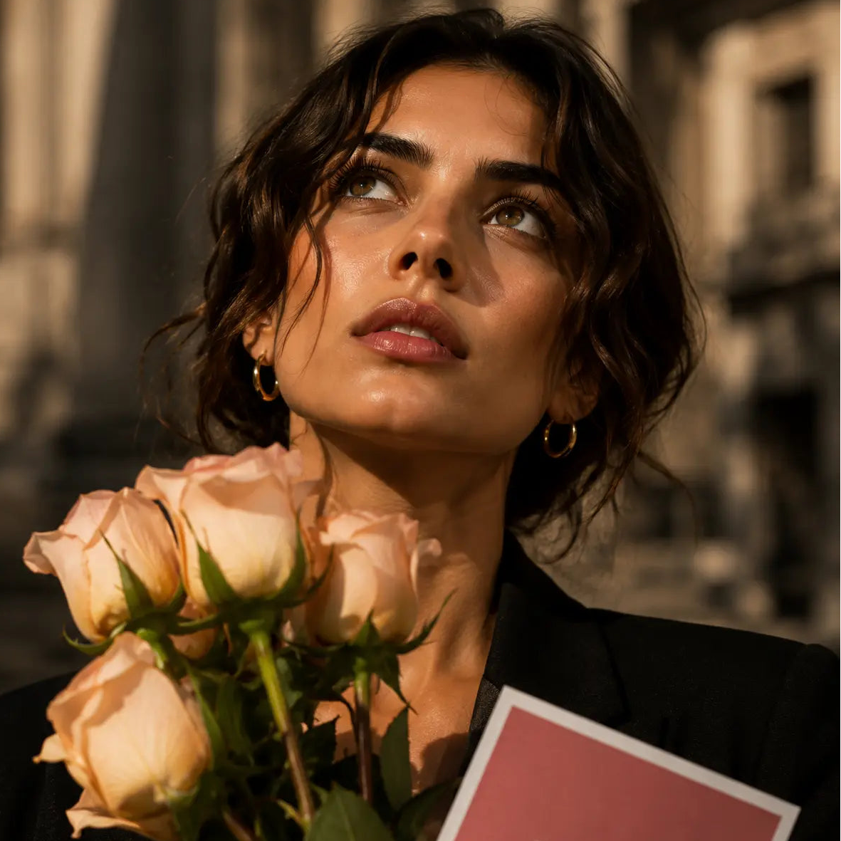 Mulher elegante com rosas premium QRoses em ambiente urbano sofisticado