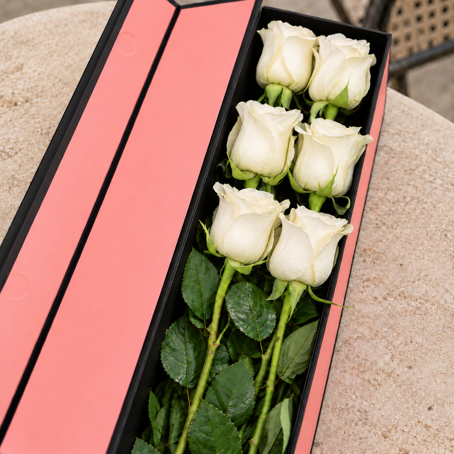 Caixa Flute QRoses aberta, em rosa e preto, com seis rosas brancas naturais e folhagem verde sobre uma mesa de pedra.