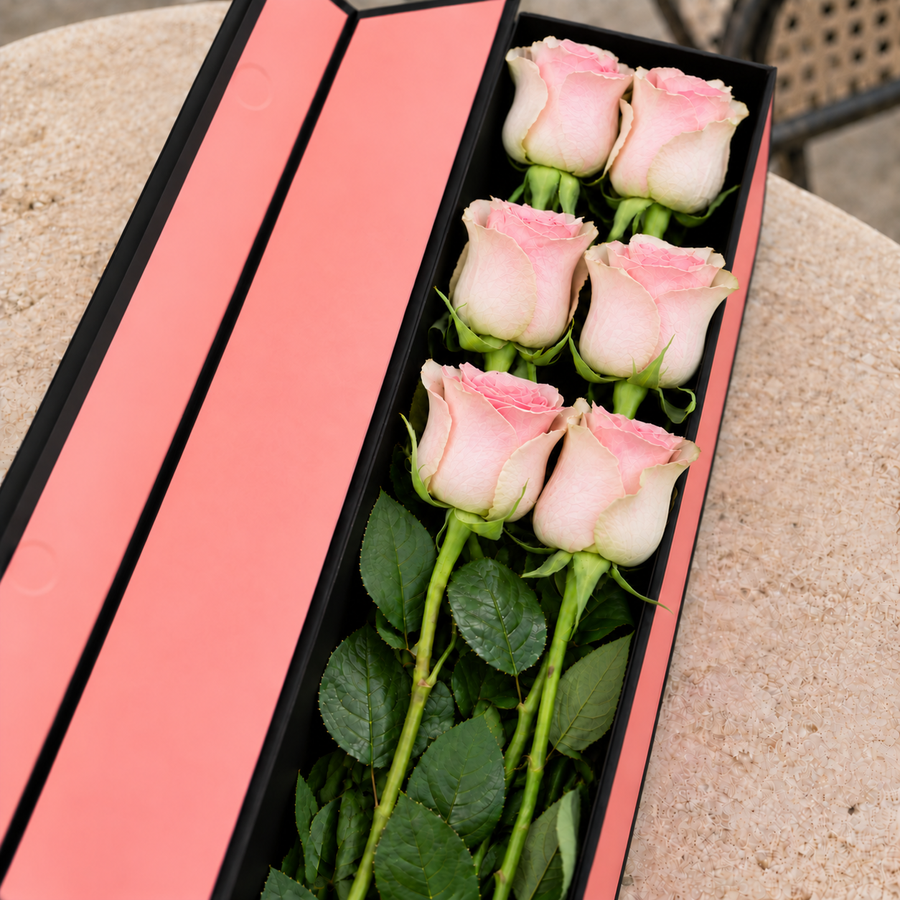 Caixa Flute QRoses aberta, em rosa e preto, com seis rosas Fruttetto cor-de-rosa suave, pétalas exteriores com bordos esverdeados e folhagem natural sobre uma mesa de pedra.