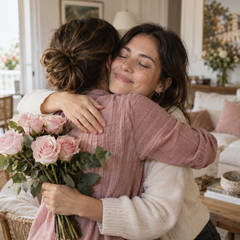Abraço de reconciliação acompanhado por rosas cor-de-rosa.