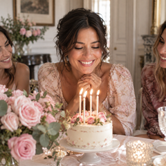 Mulher a celebrar o aniversário com bolo, velas e rosas cor-de-rosa.
