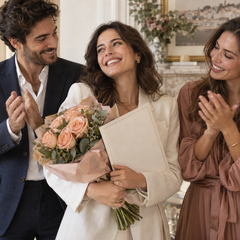 Amigos a felicitar uma mulher por uma conquista, com rosas pêssego.