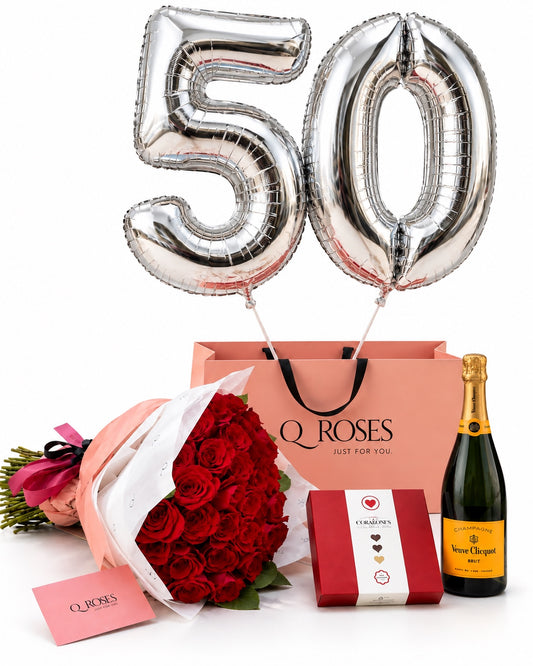 Pack QRoses para aniversário de 50 anos com 50 rosas vermelhas, champanhe Veuve Clicquot, chocolates Arcádia e balões prateados 50