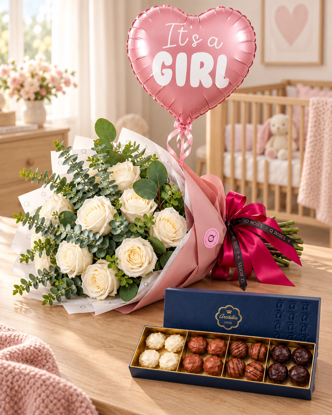 Pack QRoses com rosas brancas, balão rosa “It's a Girl” e Trufas Premium Arcádia sobre uma mesa de madeira, num quarto de bebé com berço.