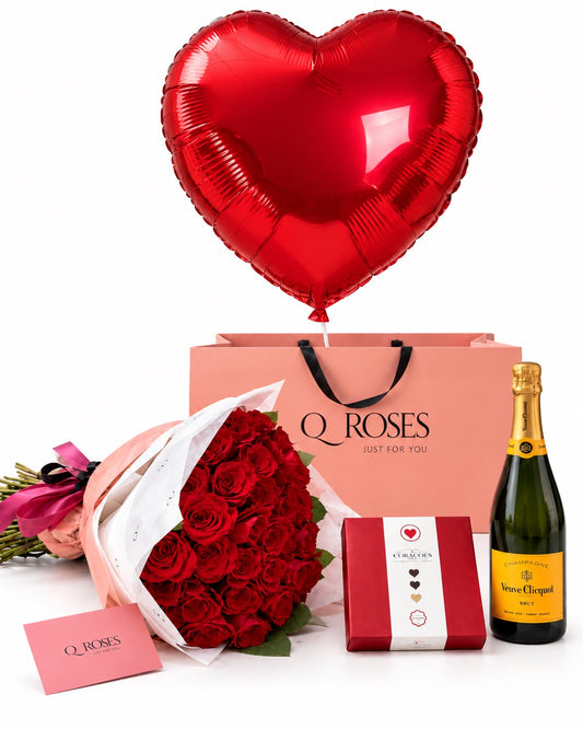 Pack romântico QRoses com 50 rosas vermelhas, champanhe Veuve Clicquot, chocolates Arcádia e balão vermelho em forma de coração