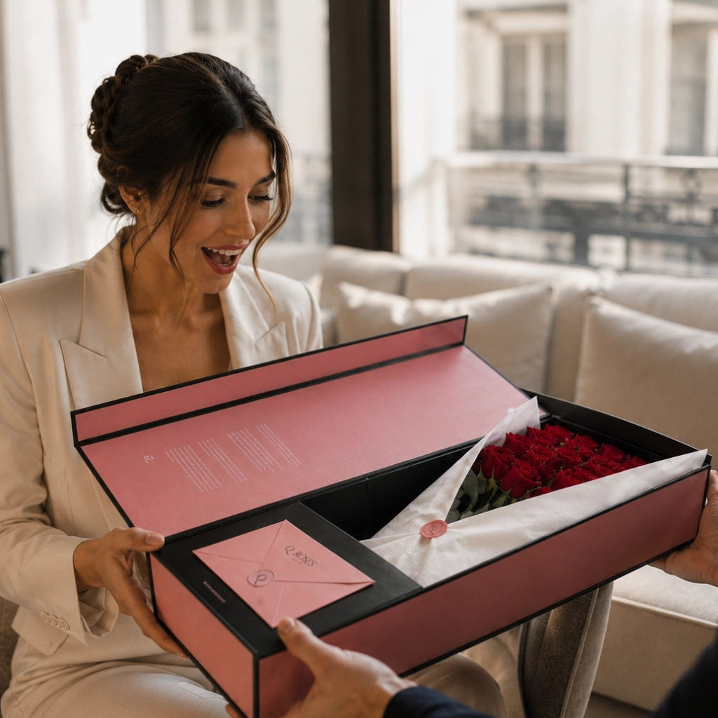 Elegant woman receiving a QROSES Signature Box with premium red roses, beautifully presented in a luxury pink gift box, expressing genuine surprise and joy in a sophisticated modern home.
