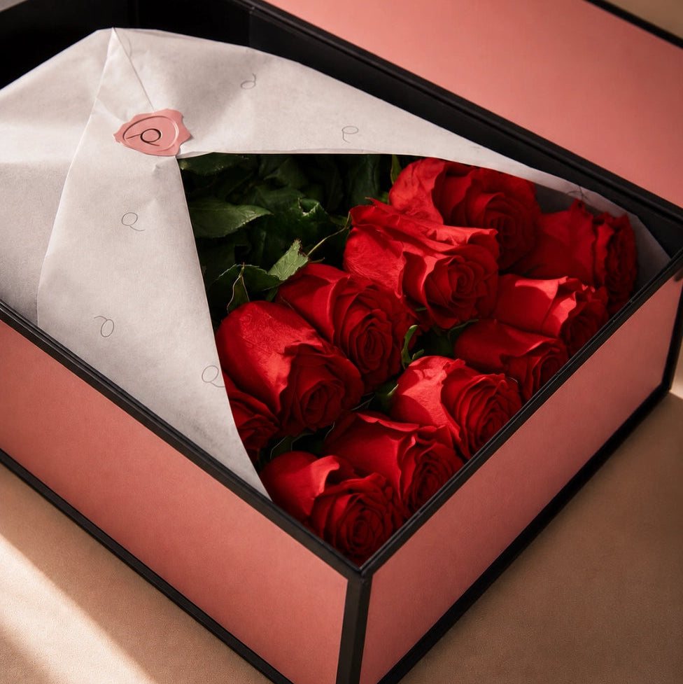 QROSES Signature Box with premium red roses, elegantly arranged in two rows inside a luxury pink gift box with white wrapping paper and premium presentation.