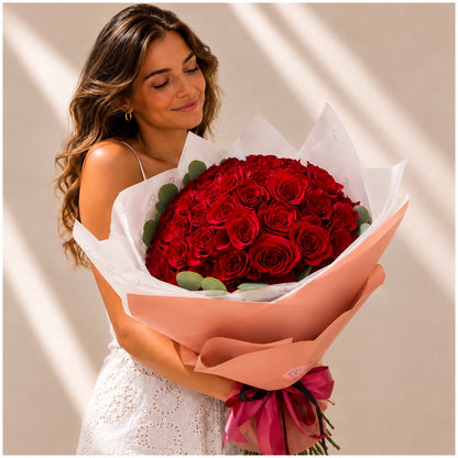 Mulher a segurar um buquê de alta gama de 50 rosas vermelhas QRoses.