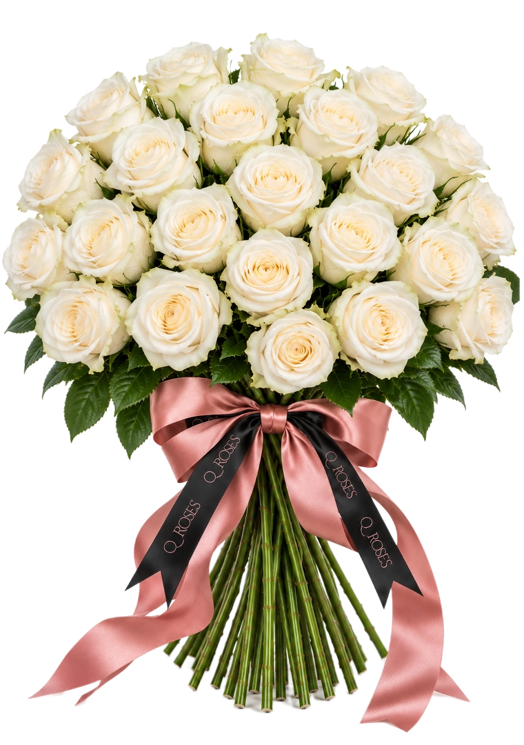 Ramo Elegance de 25 rosas brancas QRoses com hastes visíveis e laço elegante