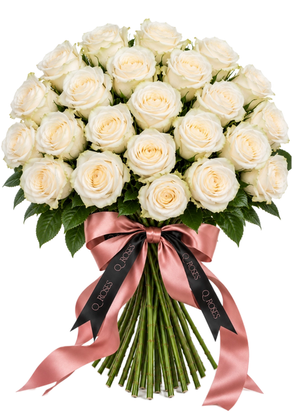 Ramo Elegance de 25 rosas brancas QRoses com hastes visíveis e laço elegante