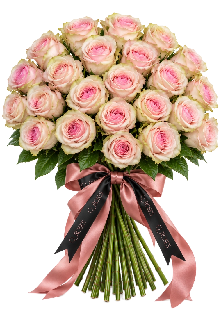 Ramo Elegance de 25 rosas cor-de-rosa com bordas esverdeadas, hastes visíveis e laço QRoses