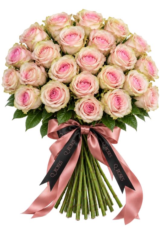 Ramo Elegance de 25 rosas cor-de-rosa com bordas esverdeadas, hastes visíveis e laço QRoses