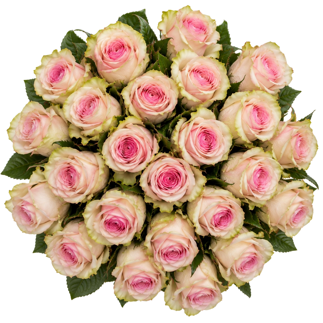 Vista cenital do Ramo Elegance de 25 rosas cor-de-rosa com bordas esverdeadas QRoses