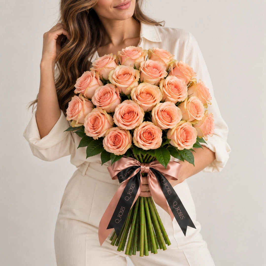 Modelo segurando Ramo Elegance de 25 rosas pêssego Shimmer QRoses, mostrando a dimensão real do bouquet