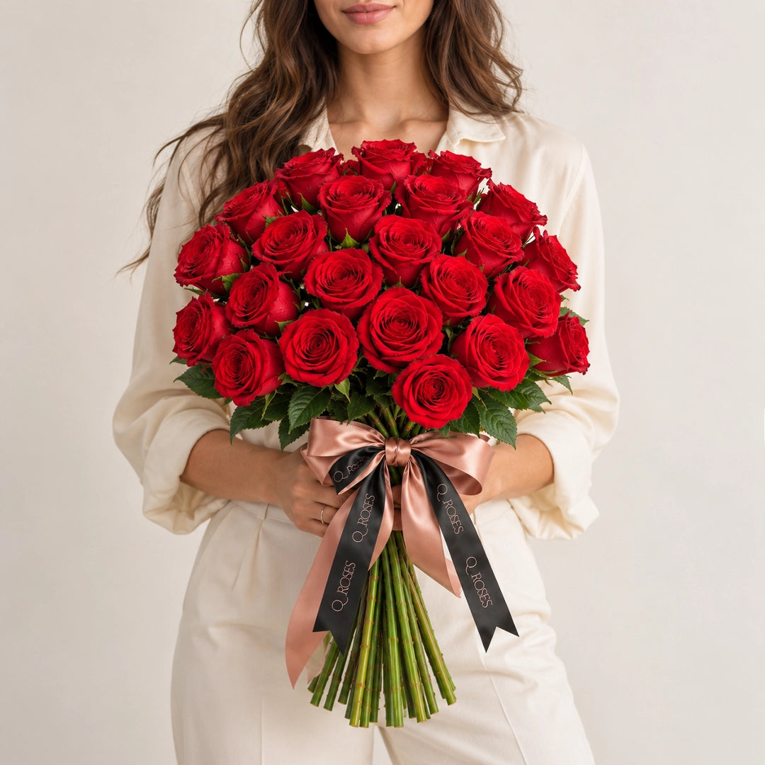 Modelo segurando Ramo Elegance de 25 rosas vermelhas QRoses, mostrando a dimensão real do bouquet