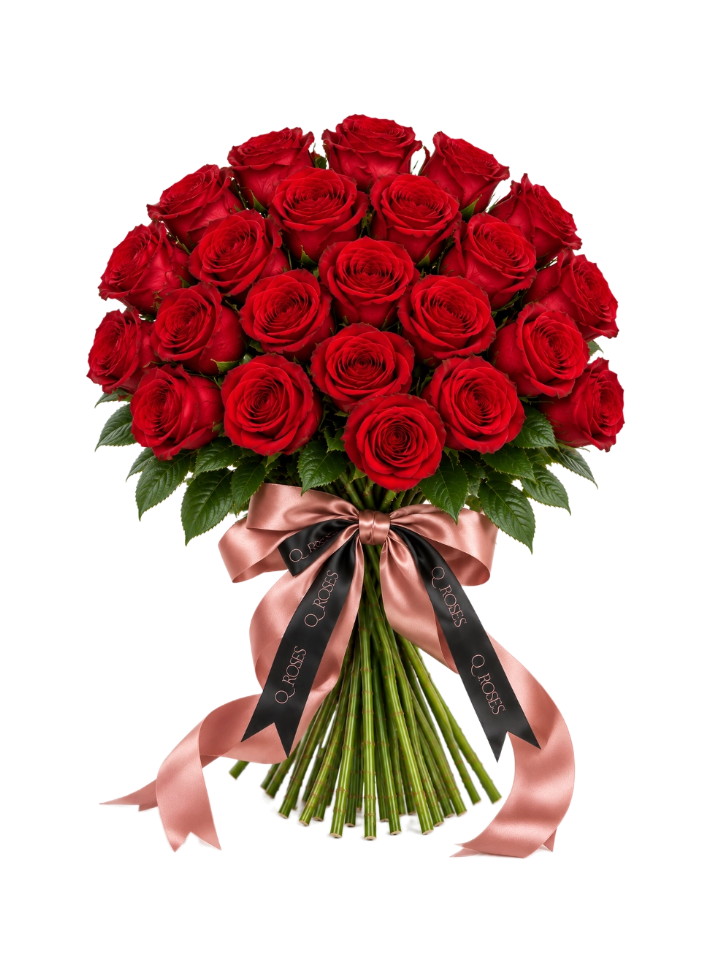 Ramo Elegance de 25 rosas vermelhas QRoses com hastes visíveis e laço elegante