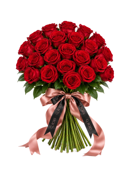 Ramo Elegance de 25 rosas vermelhas QRoses com hastes visíveis e laço elegante