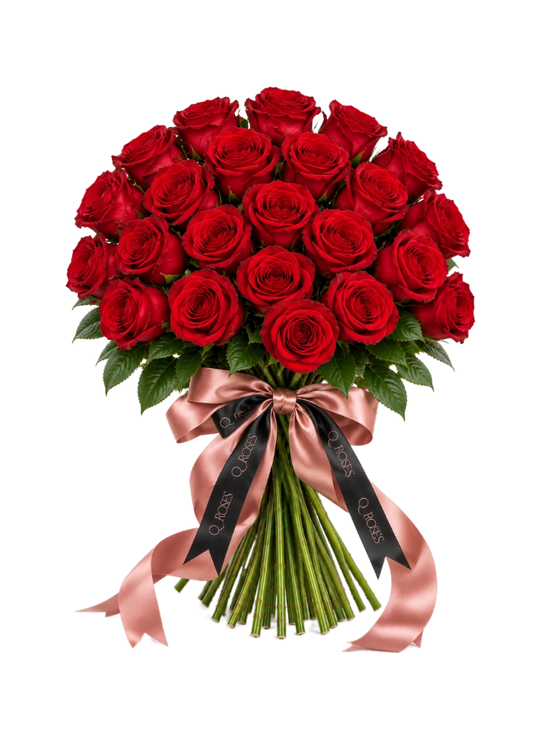 Ramo Elegance de 25 rosas vermelhas QRoses com hastes visíveis e laço elegante